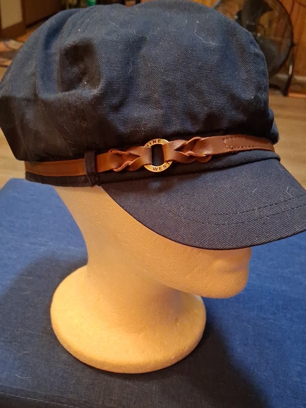 Nine West Navy Canvas Baker Boy Cap with Brown Trim